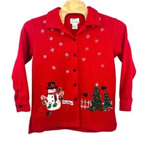 The Quacker Factory Med Red Fleece Christmas Button Up Jacket Corduroy Scenes